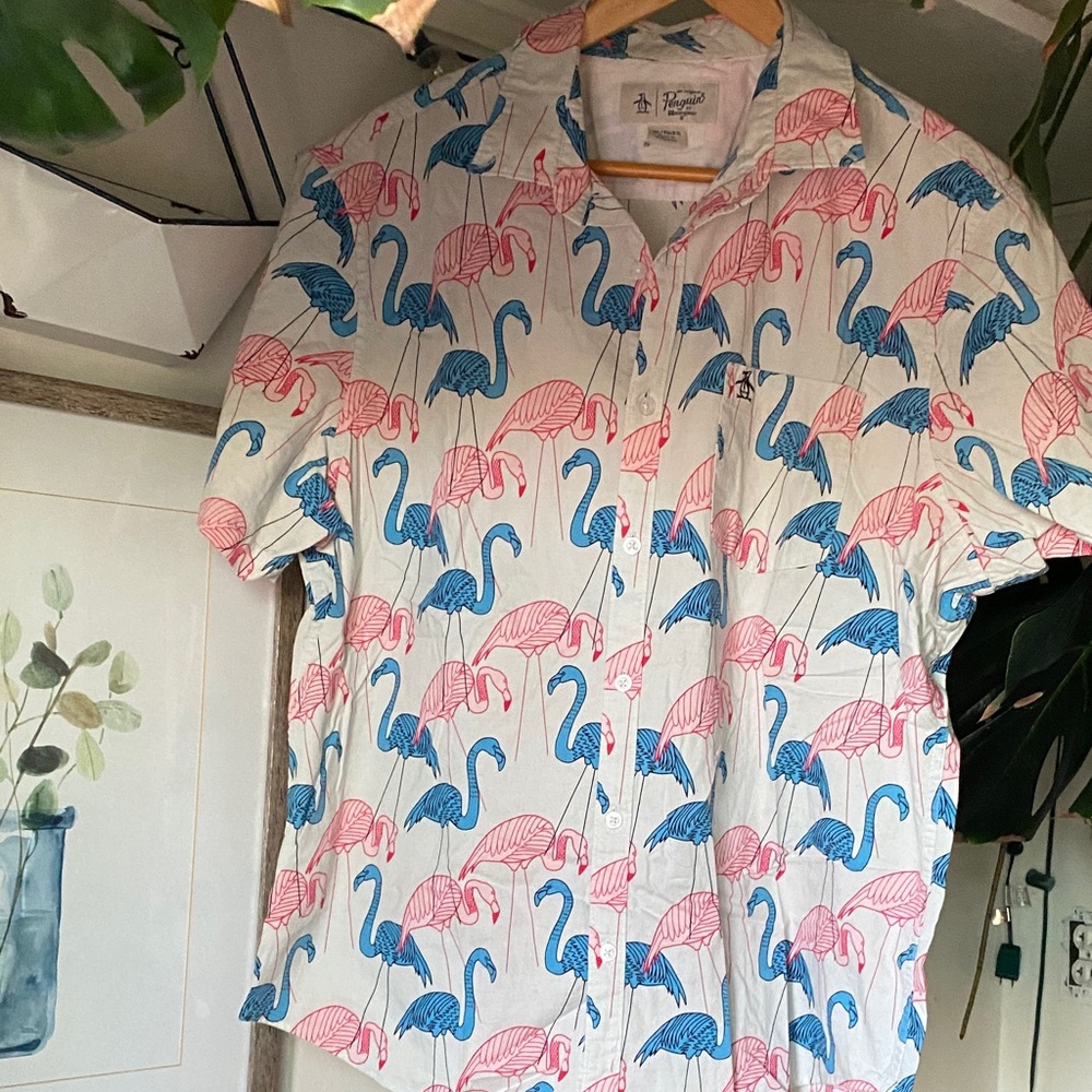 Penguin XL short sleeve button down flamingo shirt